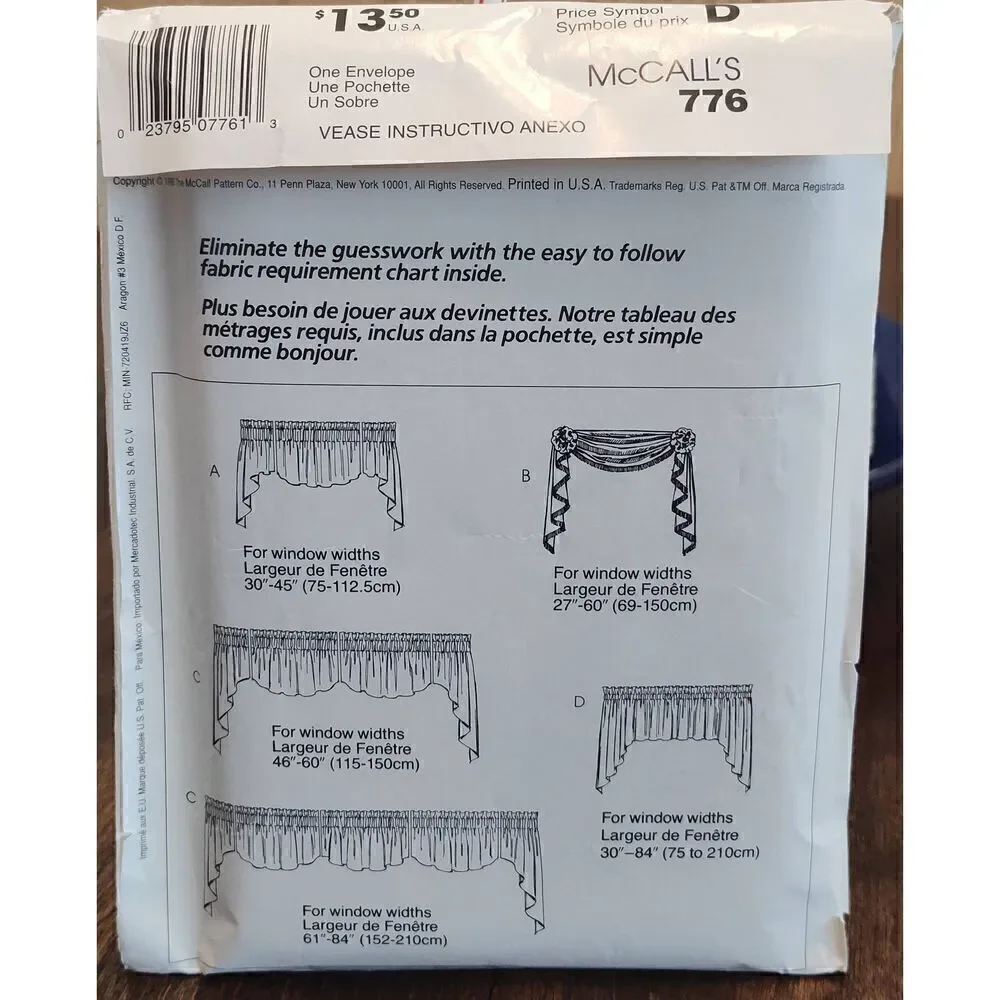 McCall's 8375/776 Window Treatment Valance Cascade Fishtail Regal Sewing Pattern